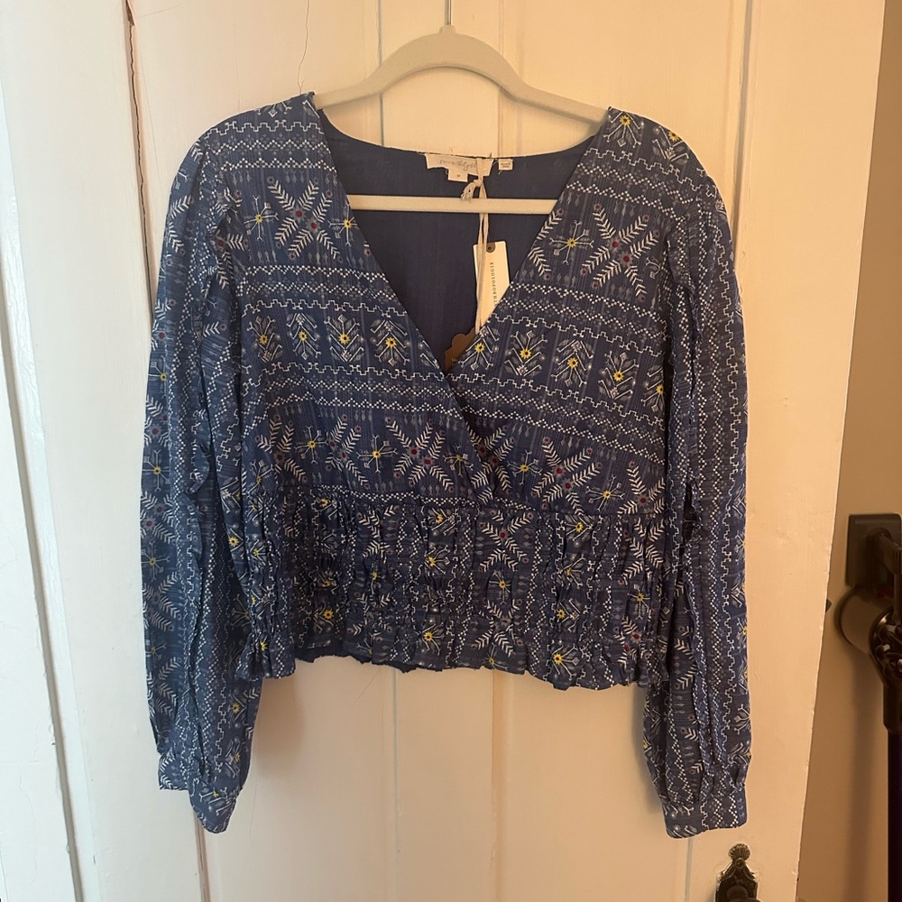 Anthropologie Forever That Girl Blue Embroidered Smocked Blouse Top